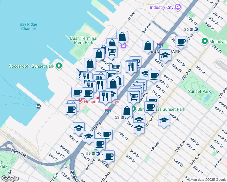 map of restaurants, bars, coffee shops, grocery stores, and more near 240 50th Street in Brooklyn