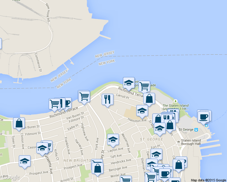 map of restaurants, bars, coffee shops, grocery stores, and more near 300 Richmond Terrace in Staten Island