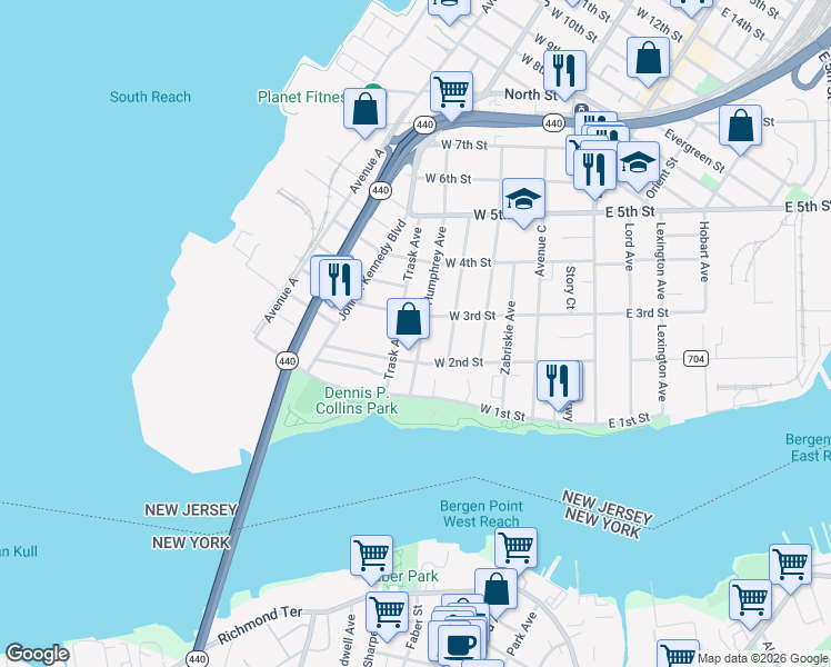 map of restaurants, bars, coffee shops, grocery stores, and more near 115 West 3rd Street in Bayonne
