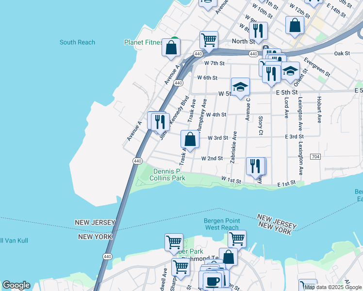 map of restaurants, bars, coffee shops, grocery stores, and more near 53 Trask Avenue in Bayonne