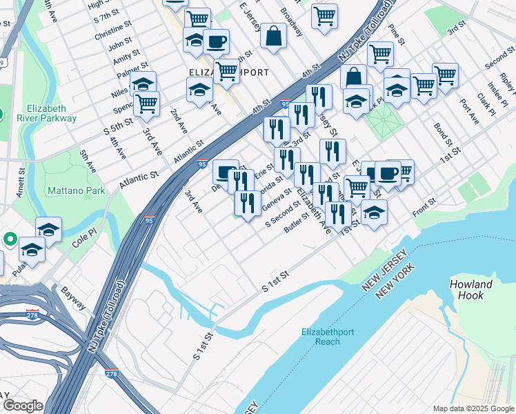 map of restaurants, bars, coffee shops, grocery stores, and more near 53 Florida Street in Elizabeth