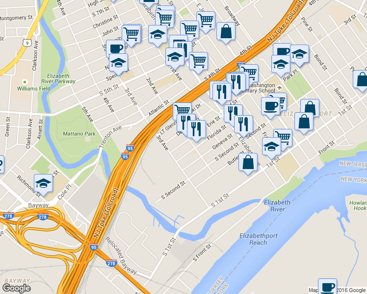 map of restaurants, bars, coffee shops, grocery stores, and more near 300 2nd Avenue in Elizabeth