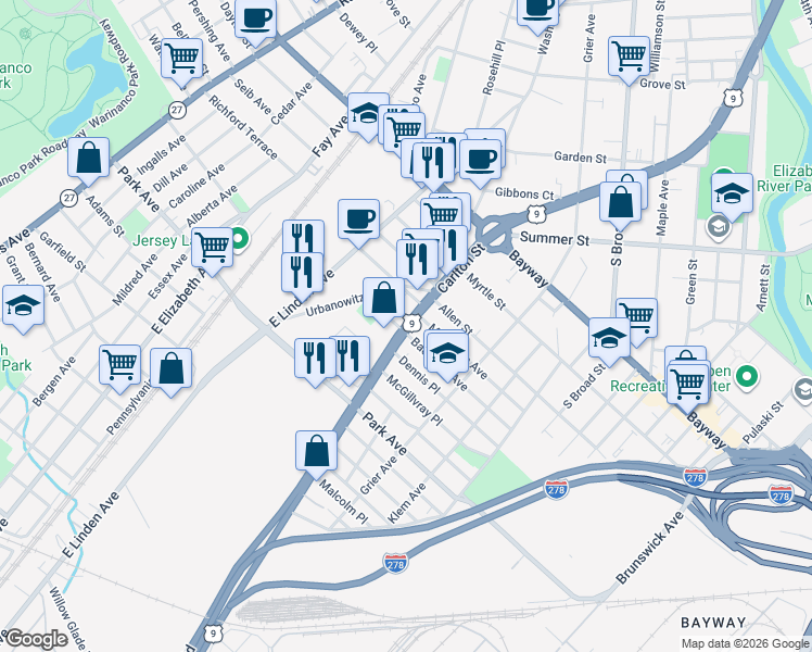 map of restaurants, bars, coffee shops, grocery stores, and more near 2423 East Edgar Road in Linden