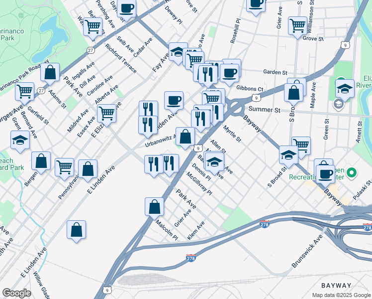 map of restaurants, bars, coffee shops, grocery stores, and more near 402-416 Bacheller Avenue in Linden