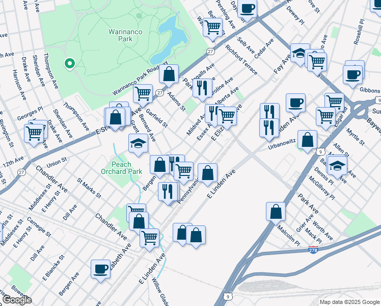 map of restaurants, bars, coffee shops, grocery stores, and more near 1801 Essex Avenue in Linden