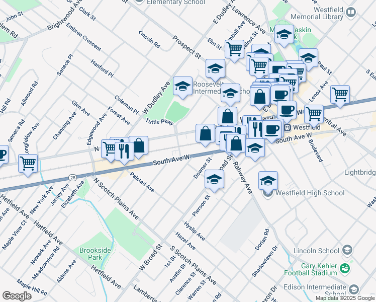 map of restaurants, bars, coffee shops, grocery stores, and more near 721 North Avenue West in Westfield