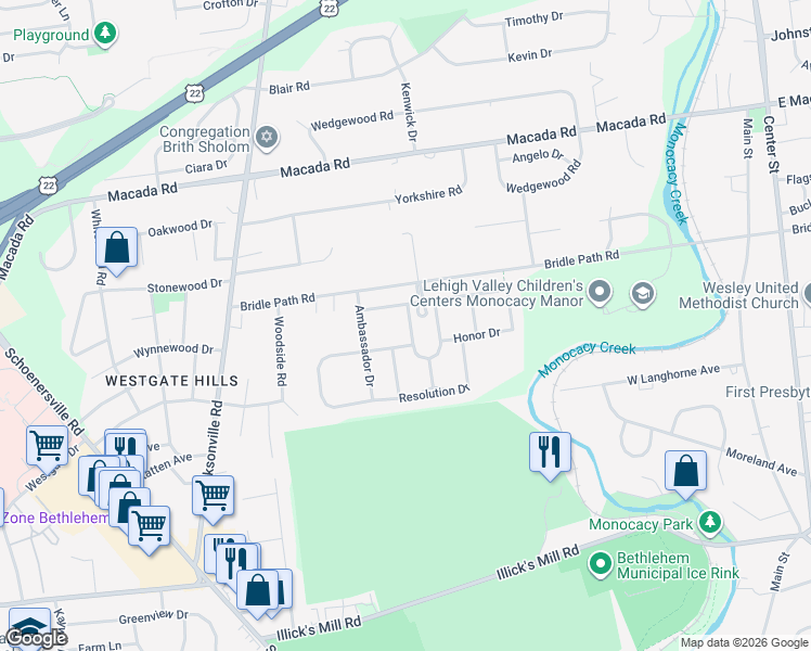 map of restaurants, bars, coffee shops, grocery stores, and more near 1051 Declaration Drive in Bethlehem
