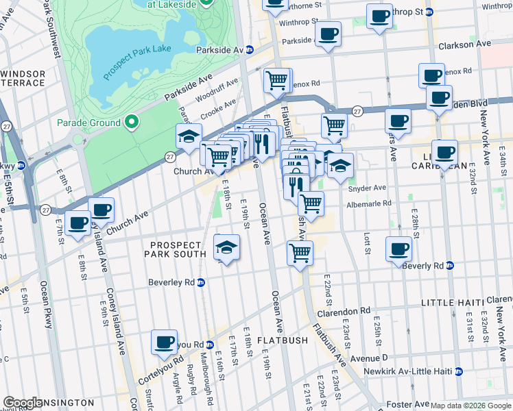 map of restaurants, bars, coffee shops, grocery stores, and more near 610 Ocean Avenue in Brooklyn