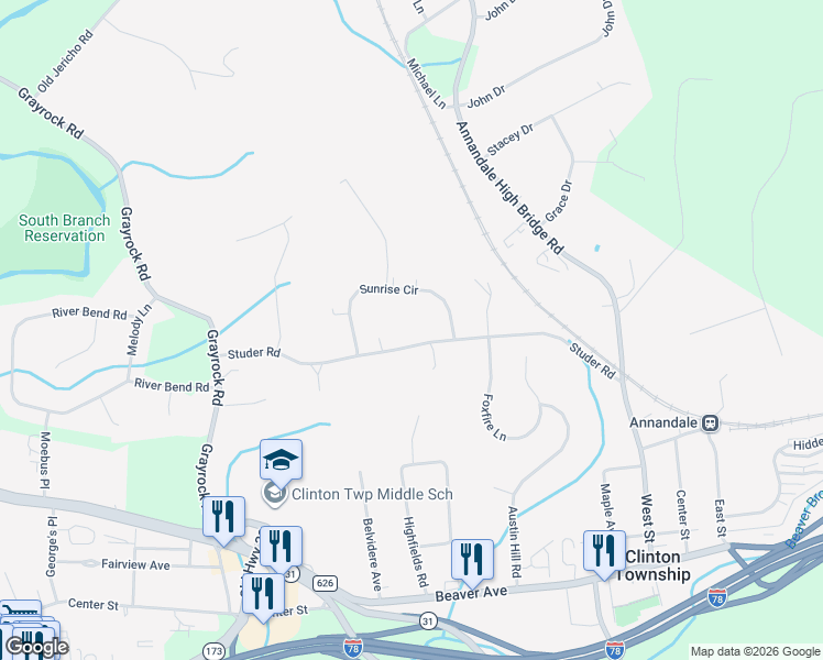 map of restaurants, bars, coffee shops, grocery stores, and more near 24 Studer Road in Clinton