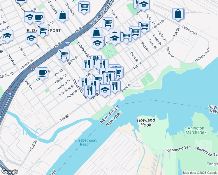 map of restaurants, bars, coffee shops, grocery stores, and more near 116 East Jersey Street in Elizabeth