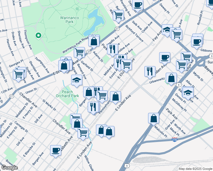 map of restaurants, bars, coffee shops, grocery stores, and more near 1801 Essex Avenue in Linden