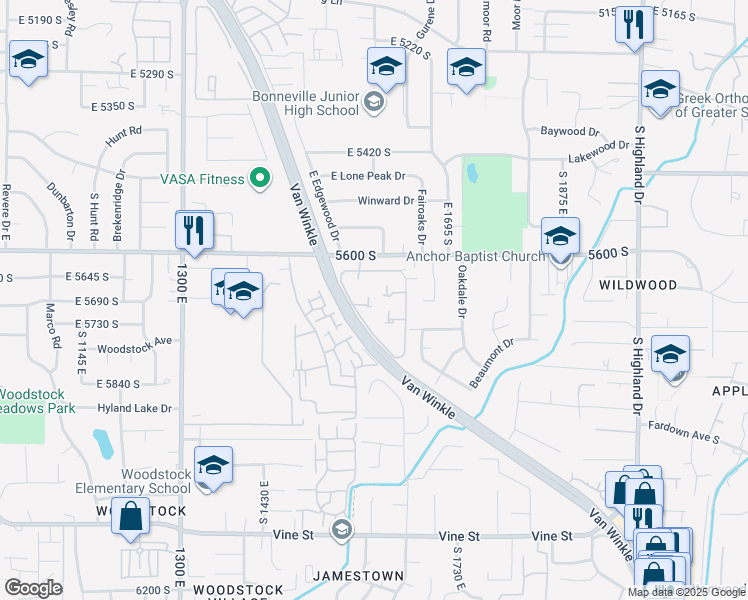 map of restaurants, bars, coffee shops, grocery stores, and more near 5690 South Ventnor Avenue in Holladay