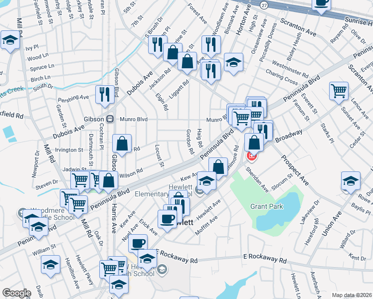 map of restaurants, bars, coffee shops, grocery stores, and more near 164 Page Road in Valley Stream