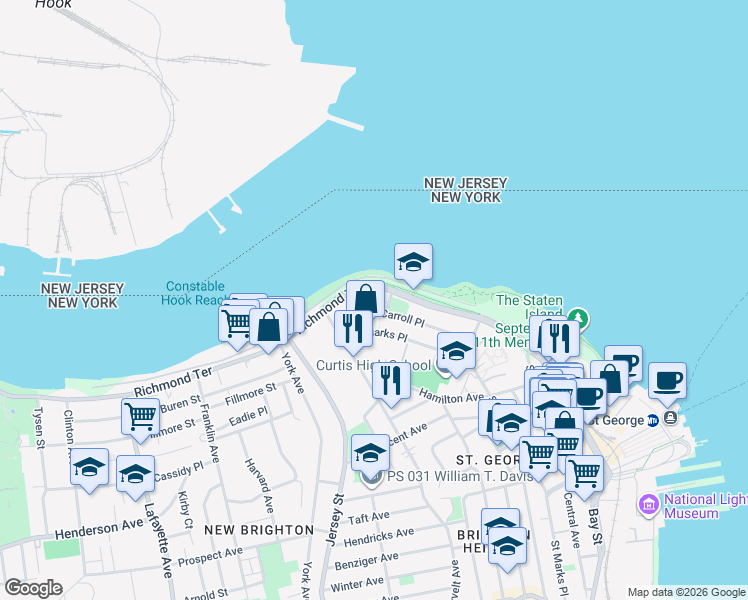 map of restaurants, bars, coffee shops, grocery stores, and more near 300 Richmond Terrace in Staten Island