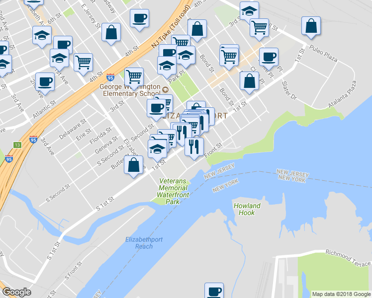 map of restaurants, bars, coffee shops, grocery stores, and more near 88 East Jersey Street in Elizabeth