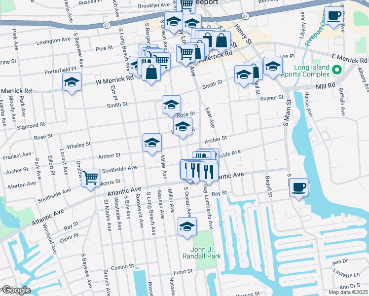 map of restaurants, bars, coffee shops, grocery stores, and more near 269 South Ocean Avenue in Freeport