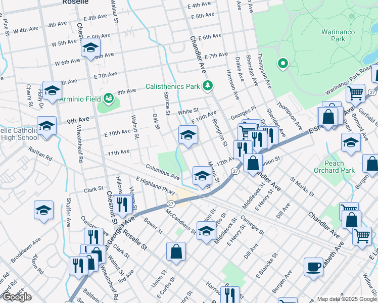 map of restaurants, bars, coffee shops, grocery stores, and more near 1100 Warren Street in Roselle