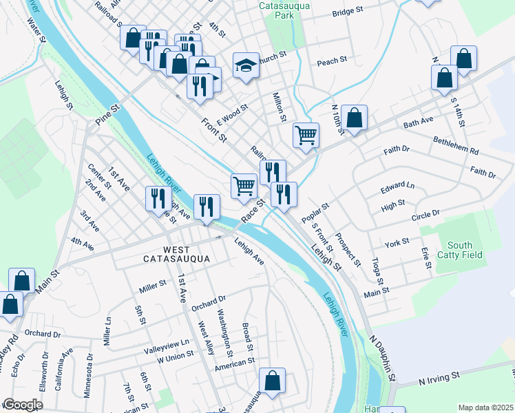 map of restaurants, bars, coffee shops, grocery stores, and more near Bridge Street in Catasauqua