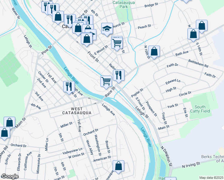map of restaurants, bars, coffee shops, grocery stores, and more near Bridge Street in Catasauqua