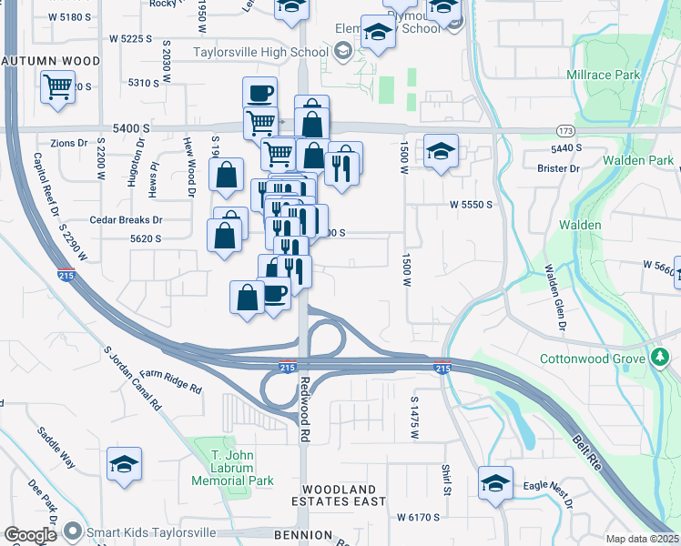 map of restaurants, bars, coffee shops, grocery stores, and more near 15 West thornhill Drive in Taylorsville