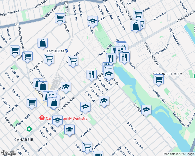 map of restaurants, bars, coffee shops, grocery stores, and more near Flatlands Ave & E 106th St in Brooklyn