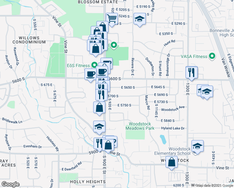 map of restaurants, bars, coffee shops, grocery stores, and more near 953 East 5700 South in Murray