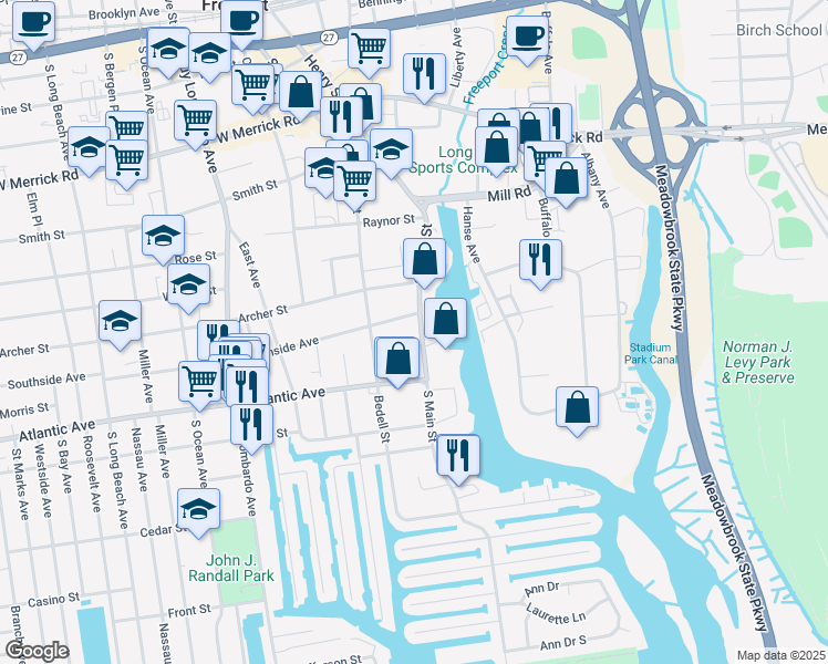 map of restaurants, bars, coffee shops, grocery stores, and more near 10 Southside Avenue in Freeport