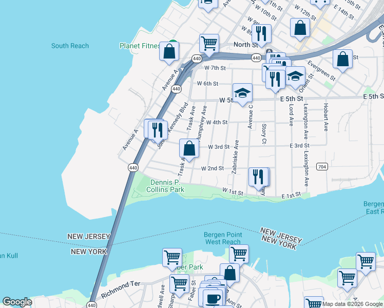 map of restaurants, bars, coffee shops, grocery stores, and more near 115 West 3rd Street in Bayonne