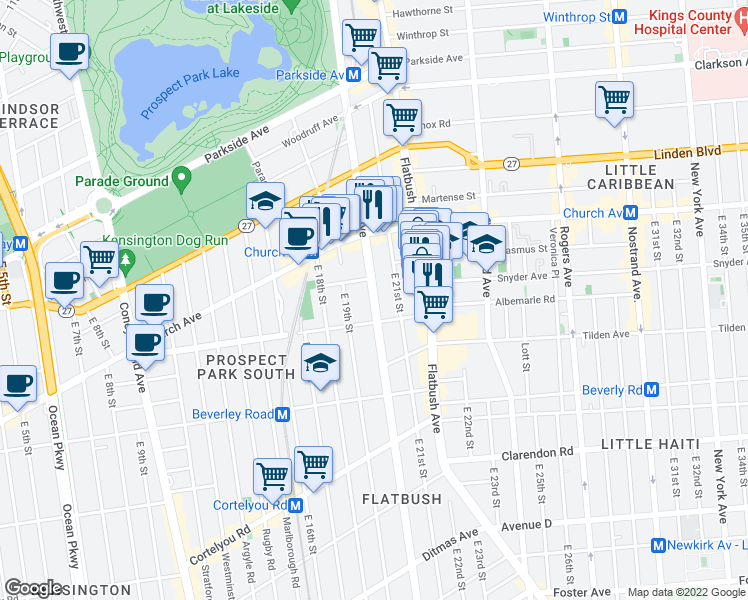 map of restaurants, bars, coffee shops, grocery stores, and more near Ocean Avenue in Brooklyn