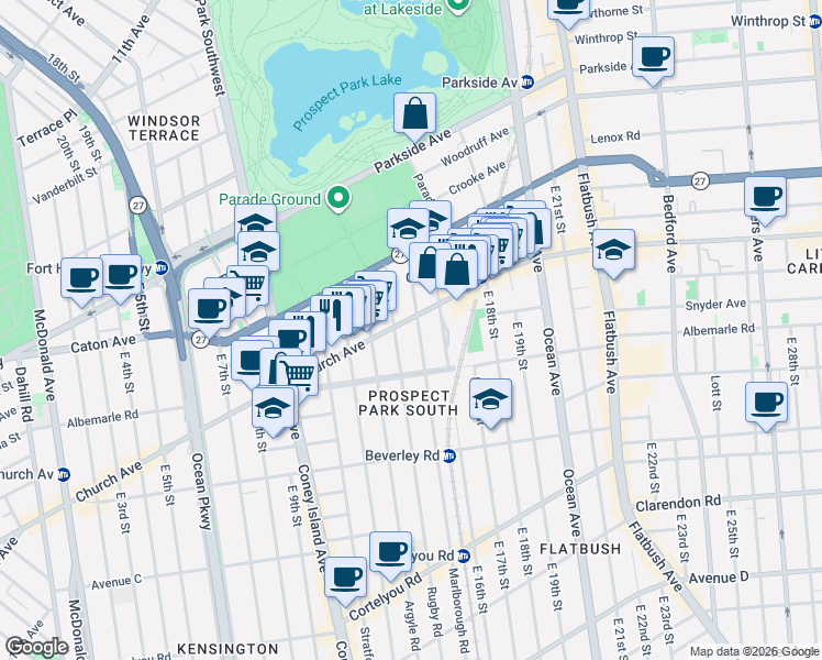 map of restaurants, bars, coffee shops, grocery stores, and more near 59 Rugby Road in Brooklyn