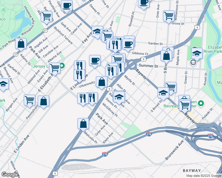map of restaurants, bars, coffee shops, grocery stores, and more near 2423 East Edgar Road in Linden