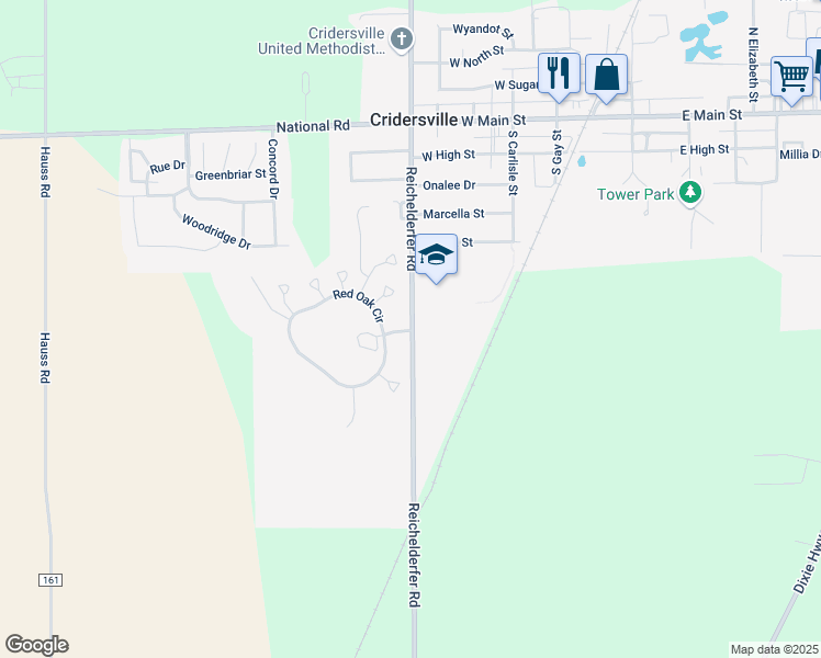 map of restaurants, bars, coffee shops, grocery stores, and more near 20401 Reichelderfer Road in Cridersville