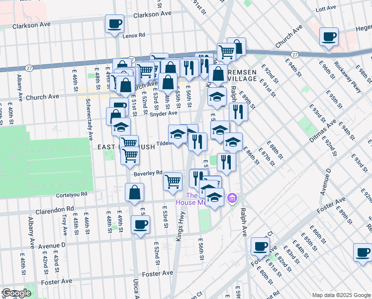 map of restaurants, bars, coffee shops, grocery stores, and more near 5516 Tilden Avenue in Brooklyn