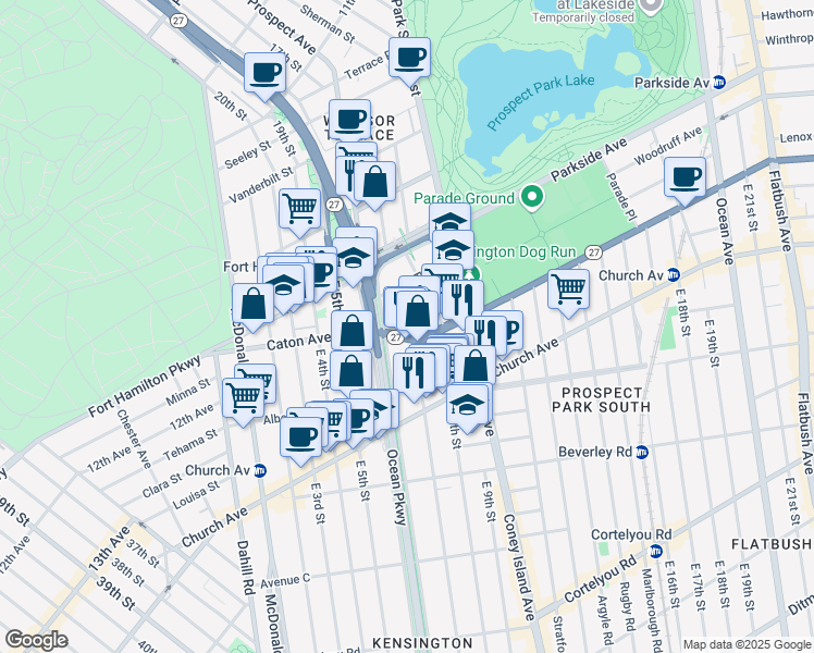 map of restaurants, bars, coffee shops, grocery stores, and more near 625 Caton Avenue in Brooklyn