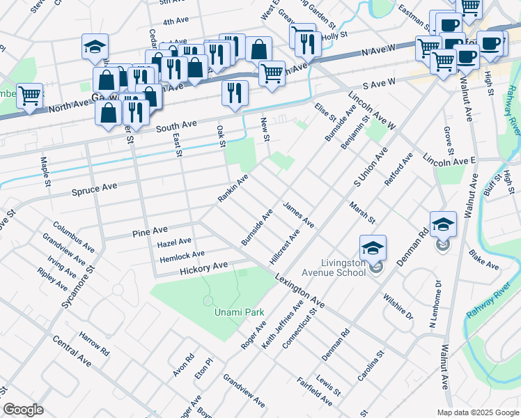 map of restaurants, bars, coffee shops, grocery stores, and more near 117 Besler Avenue in Cranford