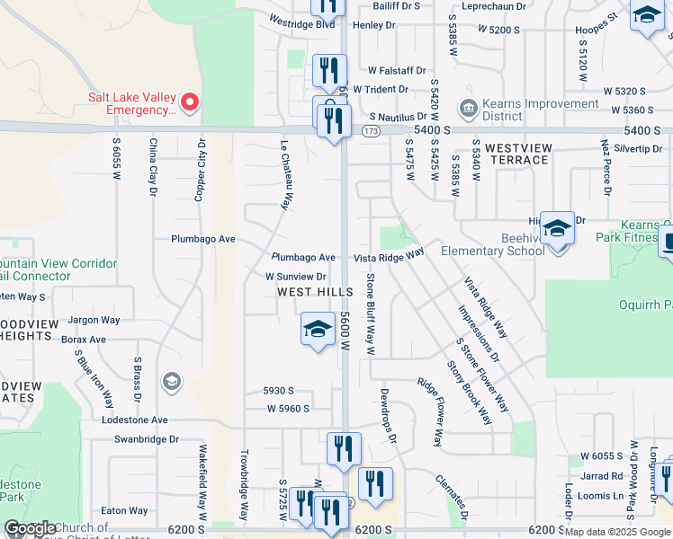 map of restaurants, bars, coffee shops, grocery stores, and more near 5575 Alpine Point Circle in Kearns
