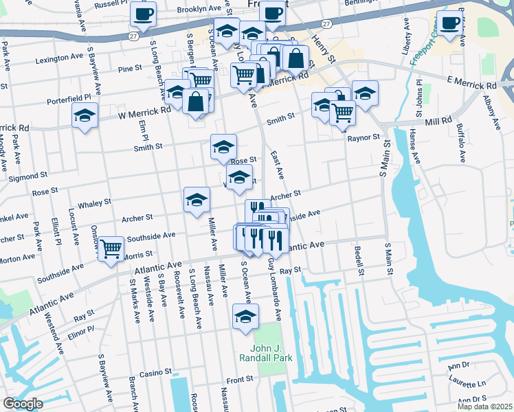 map of restaurants, bars, coffee shops, grocery stores, and more near 248 Guy Lombardo Avenue in Freeport
