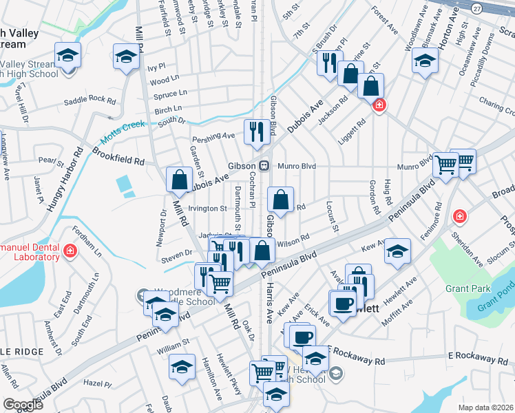 map of restaurants, bars, coffee shops, grocery stores, and more near 334 Cochran Place in Valley Stream