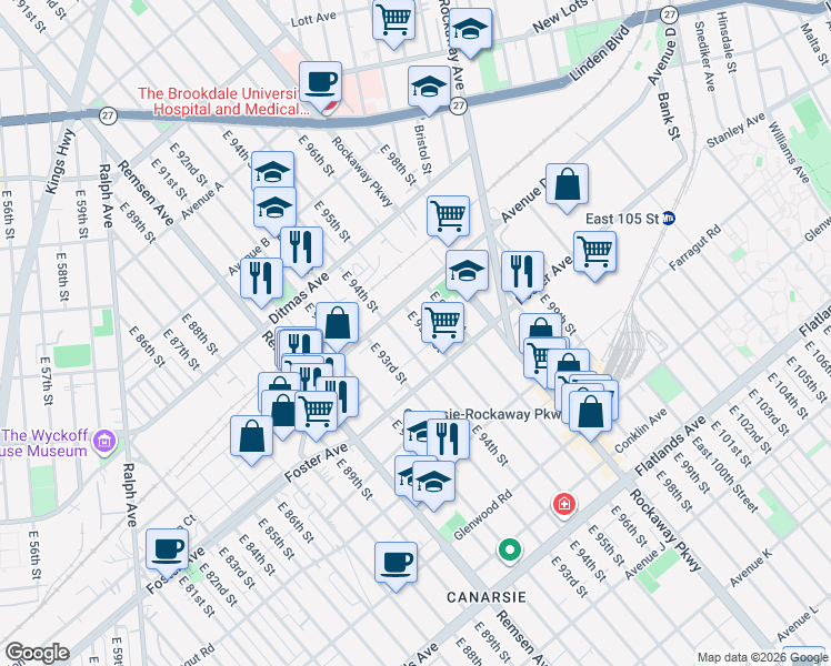 map of restaurants, bars, coffee shops, grocery stores, and more near 9424 Avenue D in Brooklyn