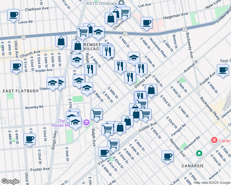 map of restaurants, bars, coffee shops, grocery stores, and more near 218 East 89th Street in Brooklyn