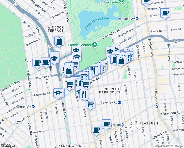map of restaurants, bars, coffee shops, grocery stores, and more near 15 Stratford Road in Brooklyn