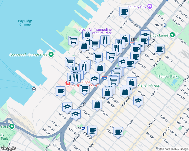 map of restaurants, bars, coffee shops, grocery stores, and more near 240 50th Street in Brooklyn