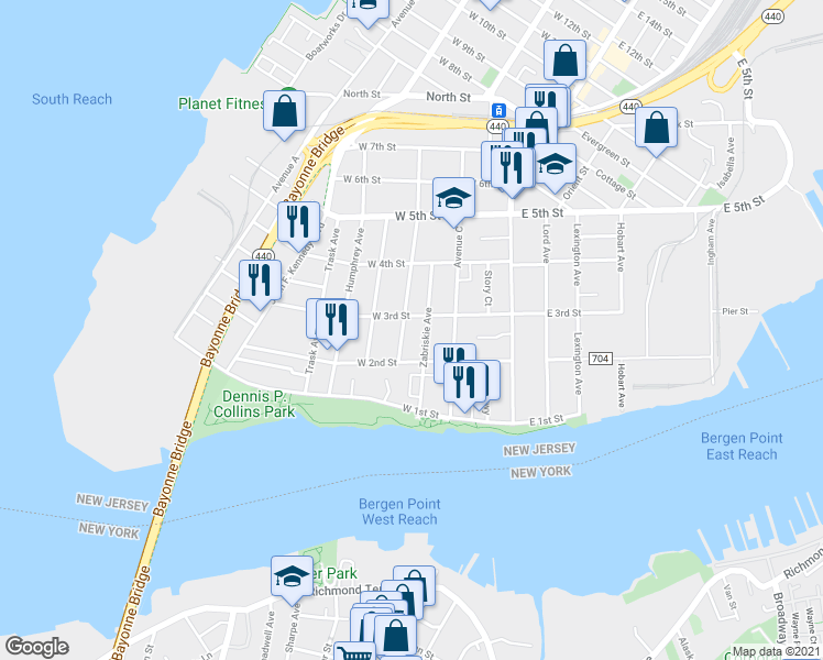 map of restaurants, bars, coffee shops, grocery stores, and more near 82-84 Zabriskie Avenue in Bayonne