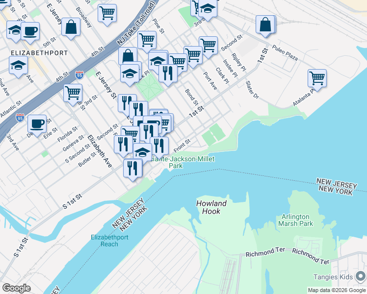 map of restaurants, bars, coffee shops, grocery stores, and more near 77 Broadway in Elizabeth