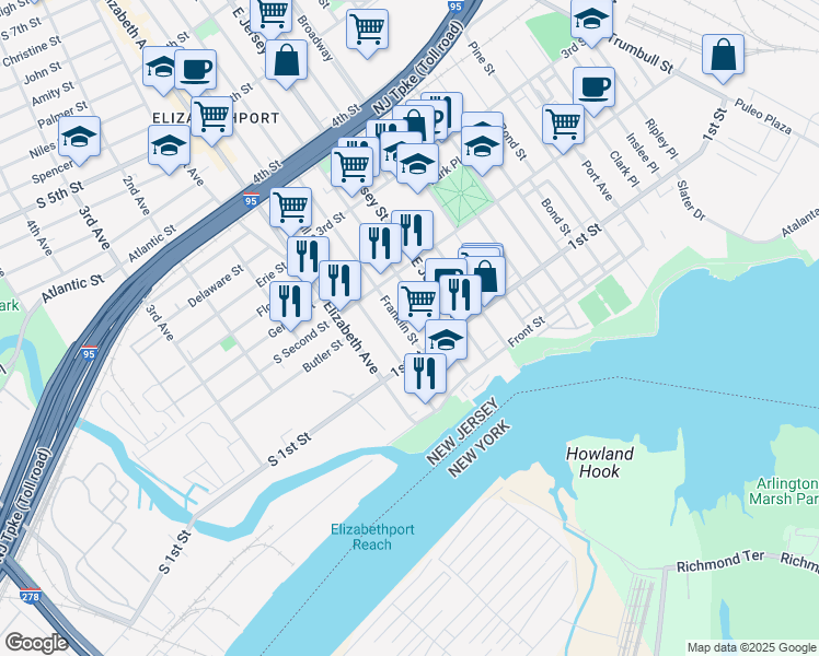 map of restaurants, bars, coffee shops, grocery stores, and more near 128-142 Fulton Street in Elizabeth
