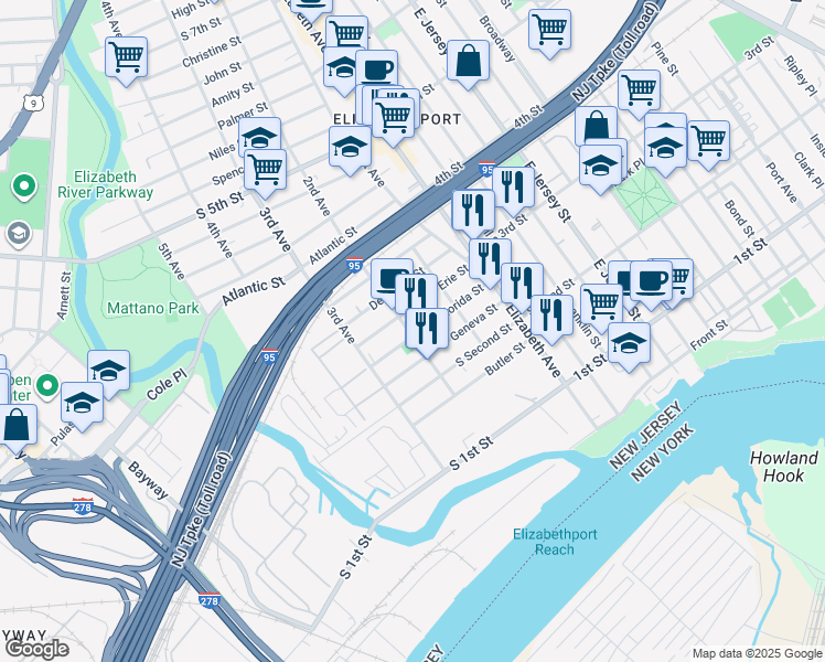 map of restaurants, bars, coffee shops, grocery stores, and more near 300 2nd Avenue in Elizabeth