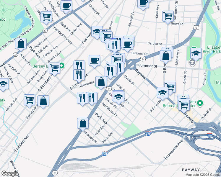 map of restaurants, bars, coffee shops, grocery stores, and more near 2423 East Edgar Road in Linden