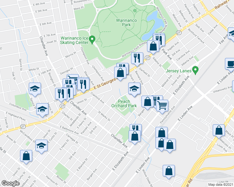 map of restaurants, bars, coffee shops, grocery stores, and more near 1012 Nora Drive in Linden