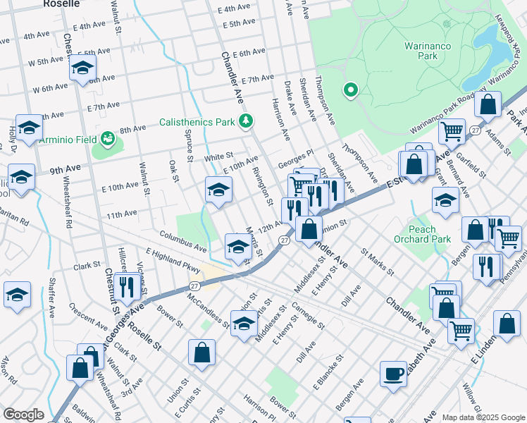 map of restaurants, bars, coffee shops, grocery stores, and more near 1111 Rivington Street in Roselle