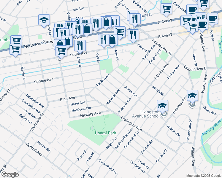 map of restaurants, bars, coffee shops, grocery stores, and more near 117 Besler Avenue in Cranford